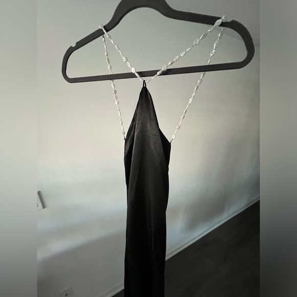 Long black satin dress, pearl detail neckline, H&M - Picture 4 of 6